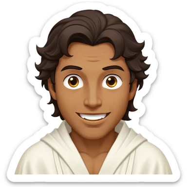 Cinematic Realistic Hercules Portrait, head tilted dramatically with an exaggeratedly amused expression, featuring expressive eyes and a hint of a roguish smile. His bronze, marble-like skin and thick, wavy dark hair, rendered with classical artistry, complement his flowing white robe adorned with delicate golden accents, all brought to life with dynamic natural lighting that captures a rare, playful moment from an enduring legend. sticker