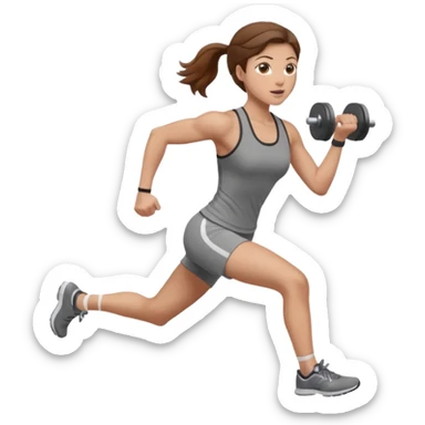 one women running and lifting weights. brown hair, light skin, hazel eyes. sticker