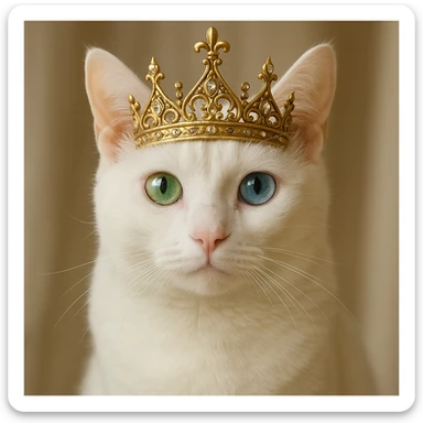 realistic white cat with one green eye and one blue eye, wearing a princess crown sticker