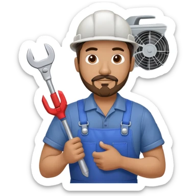 Hispanic HVAC technician with goatee beard as an action figure logo holding HVAC tools in his hands sticker