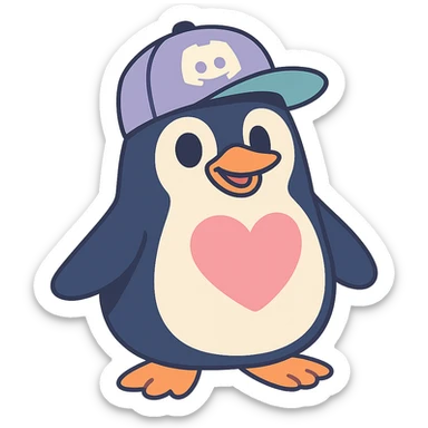 penguin with a Discord hat tilted and a big heart-shaped patch on its chest in pastel-toon style sticker