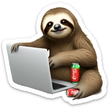 tired sloth with coca cola can and laptop sticker