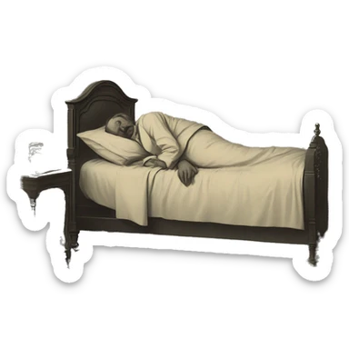 A sick man on a bed in 1870 sticker