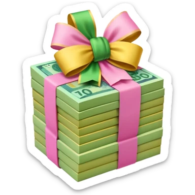 Bright Green & Golden Yellow Gradie ntAustralian $100 notes stacked together and wrapped in a girly pink bow sticker