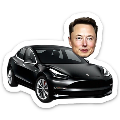 small photo-realistic Elon Musk sitting inside an all black Tesla Model 3, front view sticker