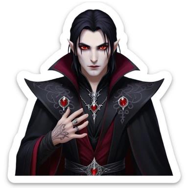 Cinematic Realistic WoW Vampire Mage Portrait, depicted with dark and mysterious elegance, wearing a flowing black robe intricately adorned with arcane silver filigree and esoteric runes. His pallid, almost ethereal skin contrasts with deep crimson, mesmerizing eyes, while his dark, slick hair falls in sleek strands. Rendered with lifelike texture and moody, dramatic lighting, high shine, noble and formidable, capturing the essence of a legendary vampire mage of Azeroth. sticker