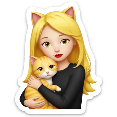 Sarışın elinde kedi olan ve hafif ruj ve rimel sürmüş sarı kedisine sarılan bir kız sticker