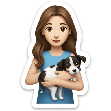 girl with brown hair blue eyes holding a black and white dog sticker
