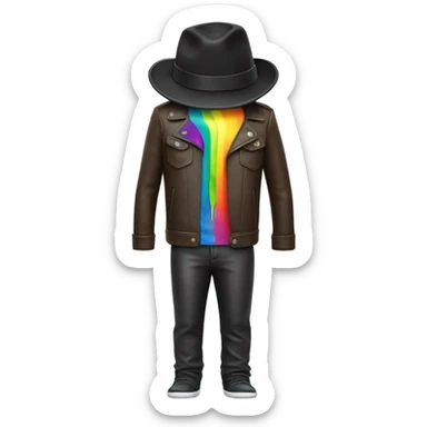 A fork wearing a leather jacket and fedora with rainbow pajama pants sticker