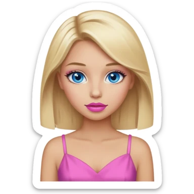 Girl with blonde hair, blue eyes, pink lipstick and tan skin wearng makup and a pink dress sticker