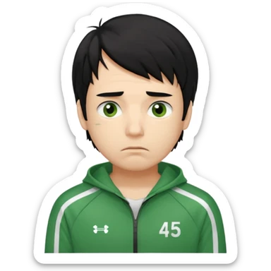 squid game player 456
Hair: Messy, medium-length black hair 🖤💇‍♂️
Face: Tired eyes, often anxious or nervous look 😟👀
Clothes: Green tracksuit with white stripes 🟢👟 (number 456 on his chest)


 sticker