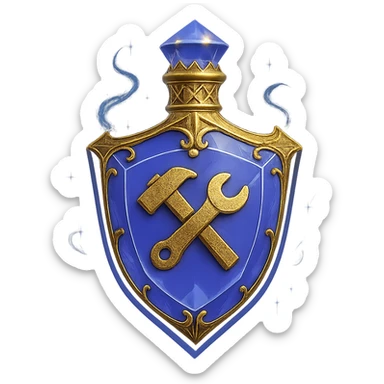 very luxurious crystal elixir bottle in shield shape, color #7986cb, with 🛠 symbol on the bottle, lots of shining, edges, ornaments, golden details, magical effects, very small golden neck, transparent background, beautiful, seamlessly merging bottom, bottle clearly floating in air, no base or shadow, modern, fits a collection sticker