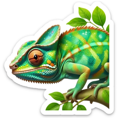 cinematic giant-smiling. chameleon-realistic emoji,-blending-with-vibrant-greenery.-detailed-scales-in-shifting-colors,-showing-the-chameleon’s-ability-to-camouflage.-soft-natural-light-highlights-its-texture.-light-background, zoomed into its face sticker