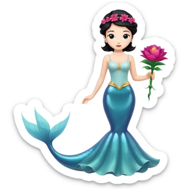 Chica blanca,cuerpo entero, vestido boda tipo  sirena tirantes finos y estrecho, pelo negro recogido con mechones y zapatos tacon y 1 flor en la cabeza sticker