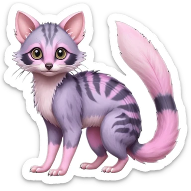 Deep dark pastel bright whitish pale Violet-pink-gradients with darker points Asian painted anime-styled big-eyed shiny glorious divine marked exotic cool beautiful realistic Lykoi-civet-genet-sergal-ocicat-oncilla-animal-Fakémon-hybrid-fursona (full body) sticker
