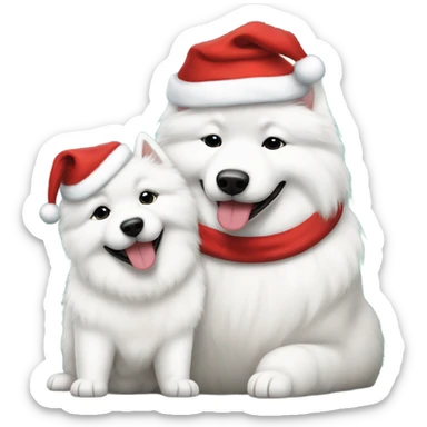 Mommy samoyed with puppy samoyed with Santa hats sticker