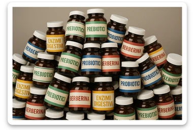 montagna di barattoli di integratori tipo "ENZIMI DIGESTIVI", "PREBIOTICI", "PROBIOTICI", "BERBERINA" con etichette in italiano sticker