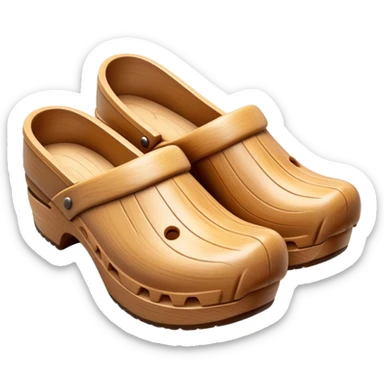 Cinematic Realistic Wooden Clogs Emoji, depicting the classic handcrafted footwear with a smooth, curved design and sturdy wooden soles, rendered with rich textures and warm, natural lighting. sticker