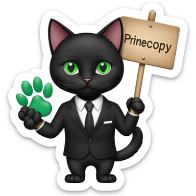 A black cat in a black business suit holds a sign with the inscription "PrimeCopy" in one paw sticker
