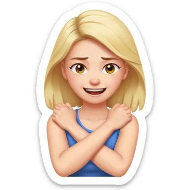 girl with arms crossed holding her neck looking angry while laughing sticker
