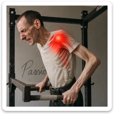 Hyperrealistic 4K image of a very thin man performing a dip on parallel bars, side position as in the reference, showing an expression of acute shoulder pain. Highlighted shoulder muscles and bones, very reddened painful area, gym atmosphere. Variant 5. sticker