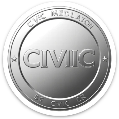 A silver coin type medallion with the words 'Civic Medallion' in large font on it. sticker