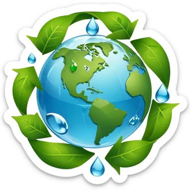 An icon featuring a globe with green leaves, a recycling symbol, and a water droplet, symbolizing ecology. The design includes trees, animals, and renewable energy icons, representing the study of ecosystems, environmental protection, and sustainability. Transparent background sticker
