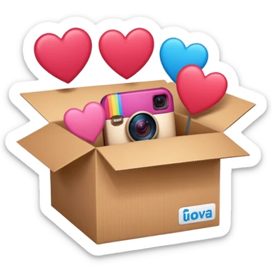 a box with an instagram logo on its face,  open with swipe files inside and hearts, likes  sticker