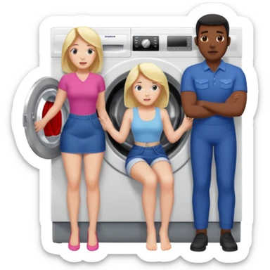 Eine Frau steckt bis zum Bauch in einer Waschmaschine fest und nur die Beine gucken raus und zwei schwarze männer ziehen an ihren Beinen um sie raus zu holen  sticker