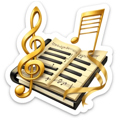 Create a bright and artistic emoji that represents music composition. The design should feature musical notes, a pencil or quill, and a sheet of music, symbolizing the creative process of composing a song. Add a touch of elegance with flowing lines to represent melody and rhythm. Incorporate piano keys arranged like a ribbon or flowing tape, symbolizing the piano's role in composition. Use gold or silver tones for sophistication, and incorporate vibrant colors to convey creativity. The background should be transparent. sticker