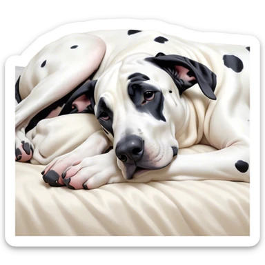 Meme-Worthy Cute Sleeping Harlequin Great Dane Portrait Emoji, Head resting peacefully with a contented smile, showcasing a delightfully majestic build and a luxuriously soft coat of predominantly white with bold black patches, eyes shut in a serene nap, Simplified yet hilariously adorable features, highly detailed, glowing with a soft, drowsy light, high shine, relaxed and utterly lovable, stylized with an air of playful laziness, bright and heartwarming, soft glowing outline, capturing the essence of a comically sleepy guardian, so meme-worthy it feels like it could instantly become the next viral sensation of adorable slumber! sticker