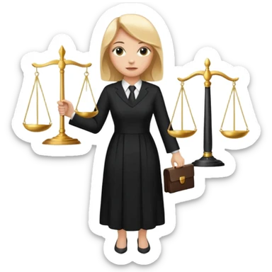 woman lawyer blanche et blonde avec des cheveux mi-long; elle est habillée avec une longue robe noire et une cravate blanche; elle soutient fièrement le symbole de la justice sticker