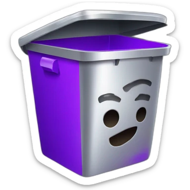 a silver trash bin with a smiley face with purple brain instead of lid sticker