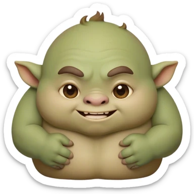 Cinematic Cute Ogre Portrait Emoji, with a surprisingly endearing, plump and huggable figure in soft earthy greens and browns, featuring big, kind eyes and a bashful smile, simplified yet irresistibly adorable, highly detailed with a soft glowing outline that captures the charm of a friendly giant who seems ready for a warm hug! sticker