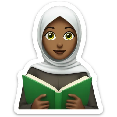 A covered Muslim woman with green eyes reads a book sticker