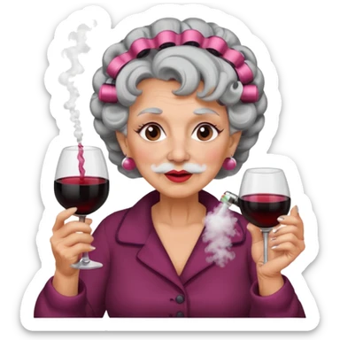 A grandma with hair curlers in with a vape and drinking wine with white powder under her nose sticker