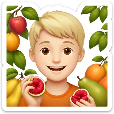 happy boy enjoying fruit outdoors sticker