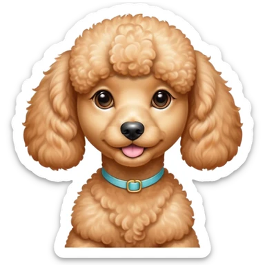 Cinematic Cute Apricot Poodle Portrait Emoji, Head tilted playfully and inquisitively, showcasing a bouncy, curly apricot Fur with a luminous sheen, round, sparkling warm eyes filled with curiosity, Simplified yet irresistibly adorable features, highly detailed, glowing with a warm, friendly glow, high shine, affectionate and lively, stylized with a touch of whimsy, bright and endearing, soft glowing outline, capturing the essence of a mischievous yet loving companion, so playful it feels like it could bounce out of the screen and into your arms! sticker