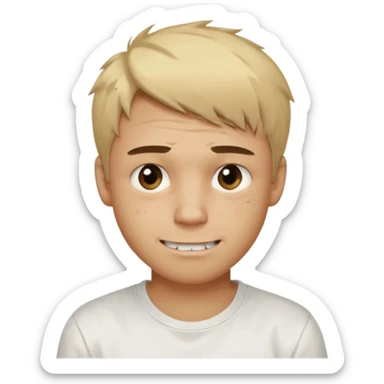 Male with short, messy blonde hair, large expressive golden-brown eyes, light brown skin, subtle facial bruises and scratches, crooked smile showing slightly damaged teeth, wearing a plain white t-shirt, friendly but creepy expression. sticker