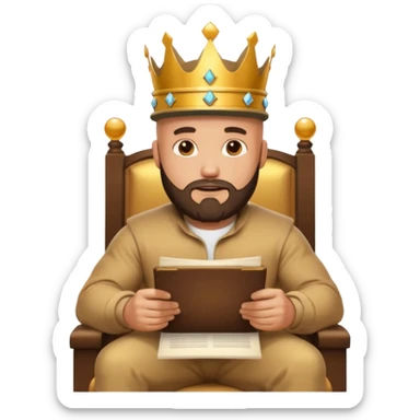 Buff bald bearded man wearing crown and cap, sitting on throne of documents, Instagram icon floating, golden glow, minimal emoji sticker