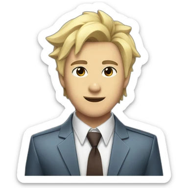 Denji with his blond hair, brown eyes, with his shark teeth and a shirt with a tie from chainsawman sticker