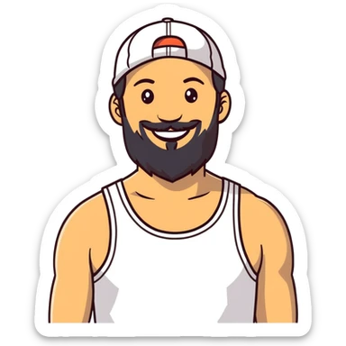 Alex Hormozi, white man with mid-long hair wearing a cap, big beard, smiling, white tank top sticker