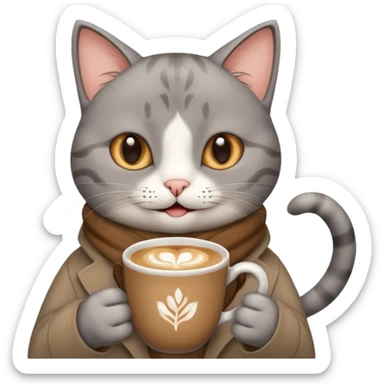 Happy gray Cat holding in its front two paws an hot latte sticker