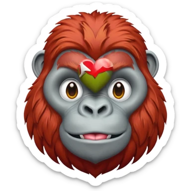 red haired gorilla head with white heart, apple style emoji, no text sticker