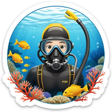 An icon featuring a close-up of a freediving mask and snorkel, with a breath-holding diver's fins, set against a vibrant underwater world. The design includes coral reefs, fish, and bubbles, symbolizing the serene beauty and thrill of freediving. Transparent background highlights the calm sticker