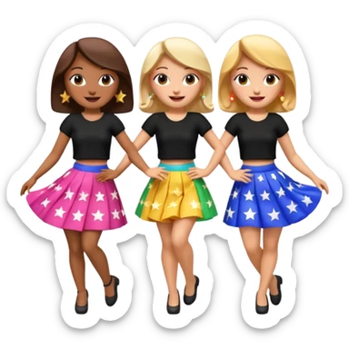 Three 3D cartoon women dancing in colorful skirts and black tops with stars, cheerful expressions, bright background, Memoji-style rendering. sticker