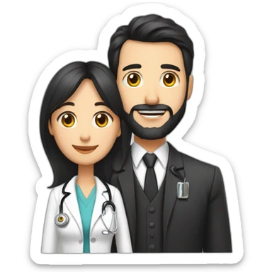 husband american 55 dark hair trimmed beard business suit pastor holding bible, wife asian age 55 black shoulder length hair wearing nurse, no children sticker