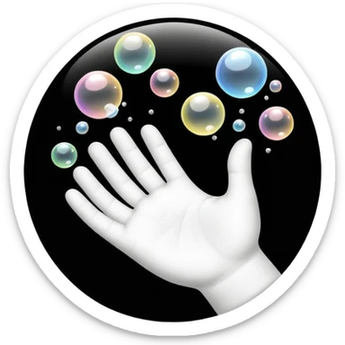 Simple black and white icon showing a single hand with soap bubbles on it, easy to recognise for all ages and languages, flat style, no text, isolated on plain background sticker