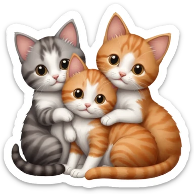 3 very small kittens cuddling together all different colours, the first one is grey and white, the second is ginger and white and the third is brown tabby and white sticker