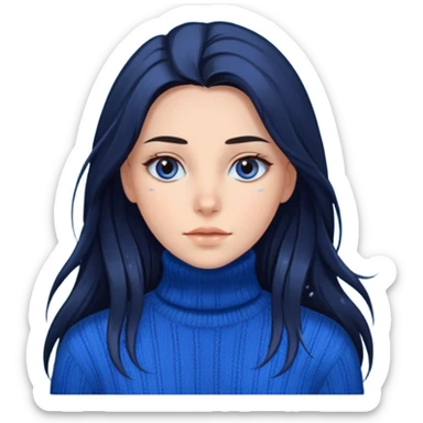 Mujer pelo oscuro y muy largo con unos mechones saliendo ojos oscuros y muy atractiva y con jersey de invierno azul de cuello vuelto sticker